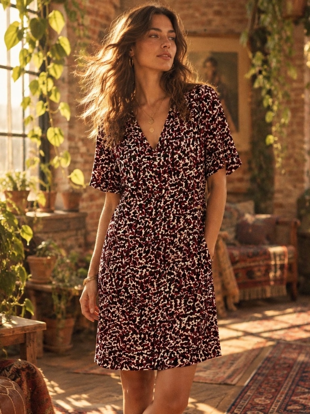 Ann Taylor Burgundy and White Printed V-Neck Short Sleeve Dress